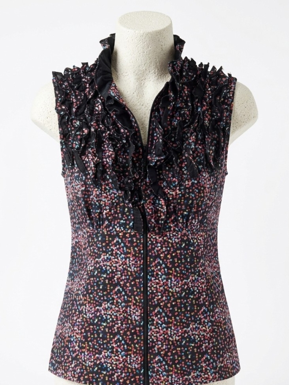 Sleeveless Ruffle-Front Blouse in Black Confetti Print